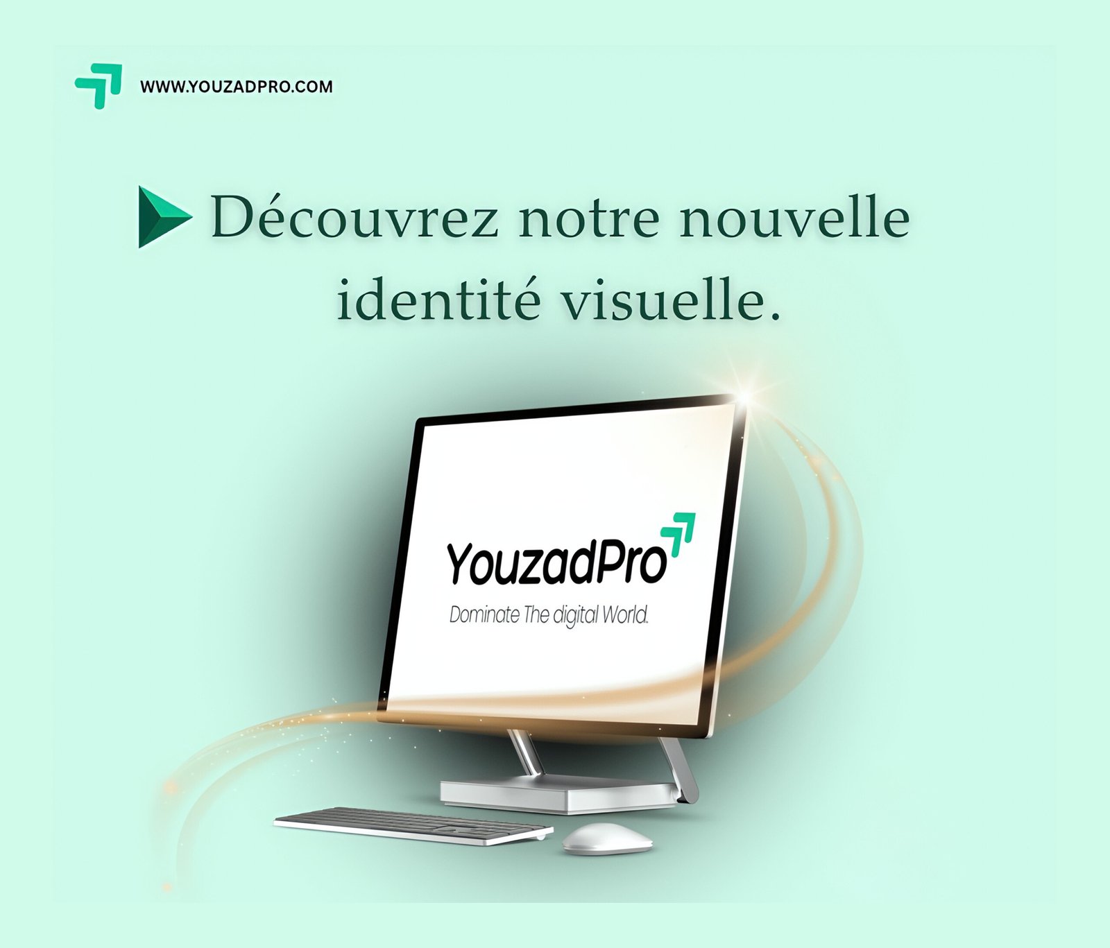 Logo moderne de YouzadPro sur ordinateur avec slogan « Dominate the digital world ».